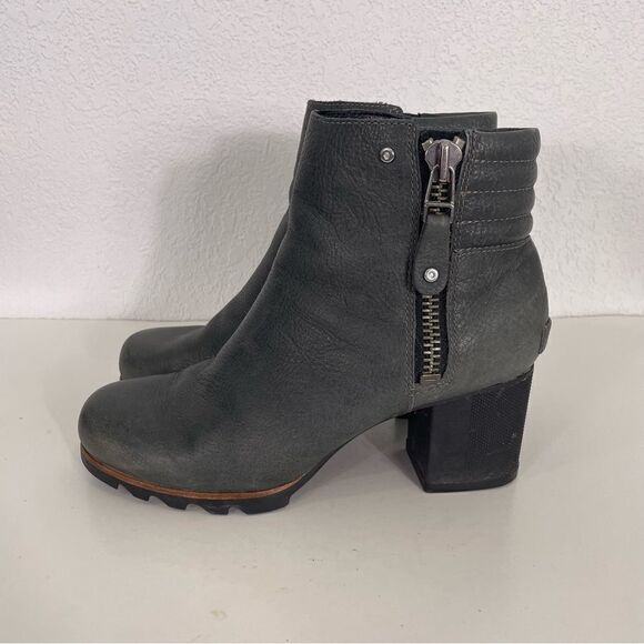 Sorel Grey Leather Block Heeled Booties - Picture 2 of 10
